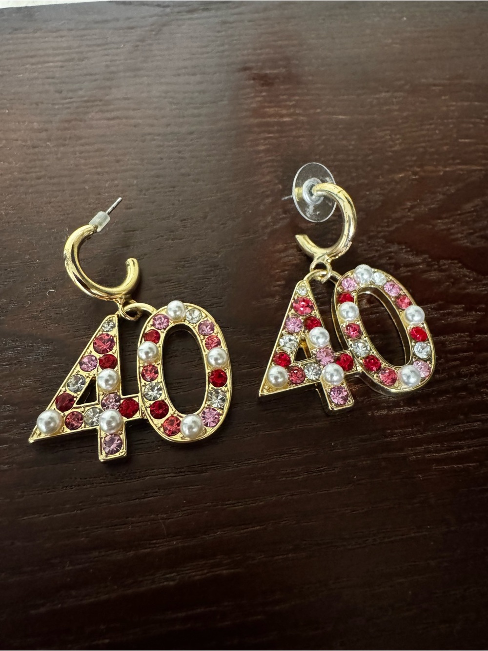Gold '40' Number Drop Earrings with Pink & Red Crystals and Pearls